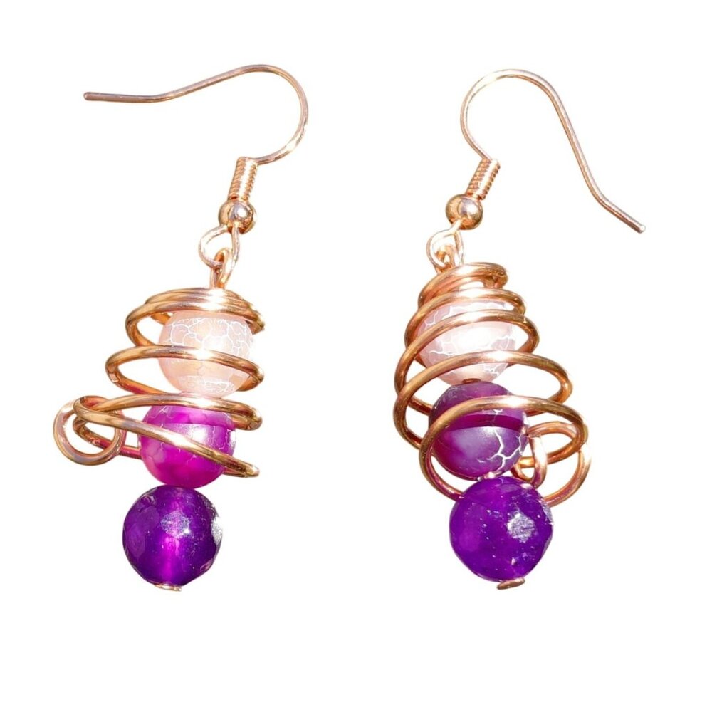 Crackled dyed agate amethyst earrings with copper coil earwires